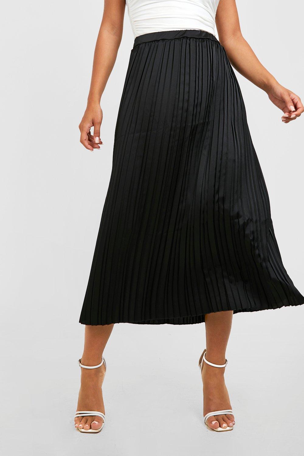 Black Pleated Satin Midaxi Skirt