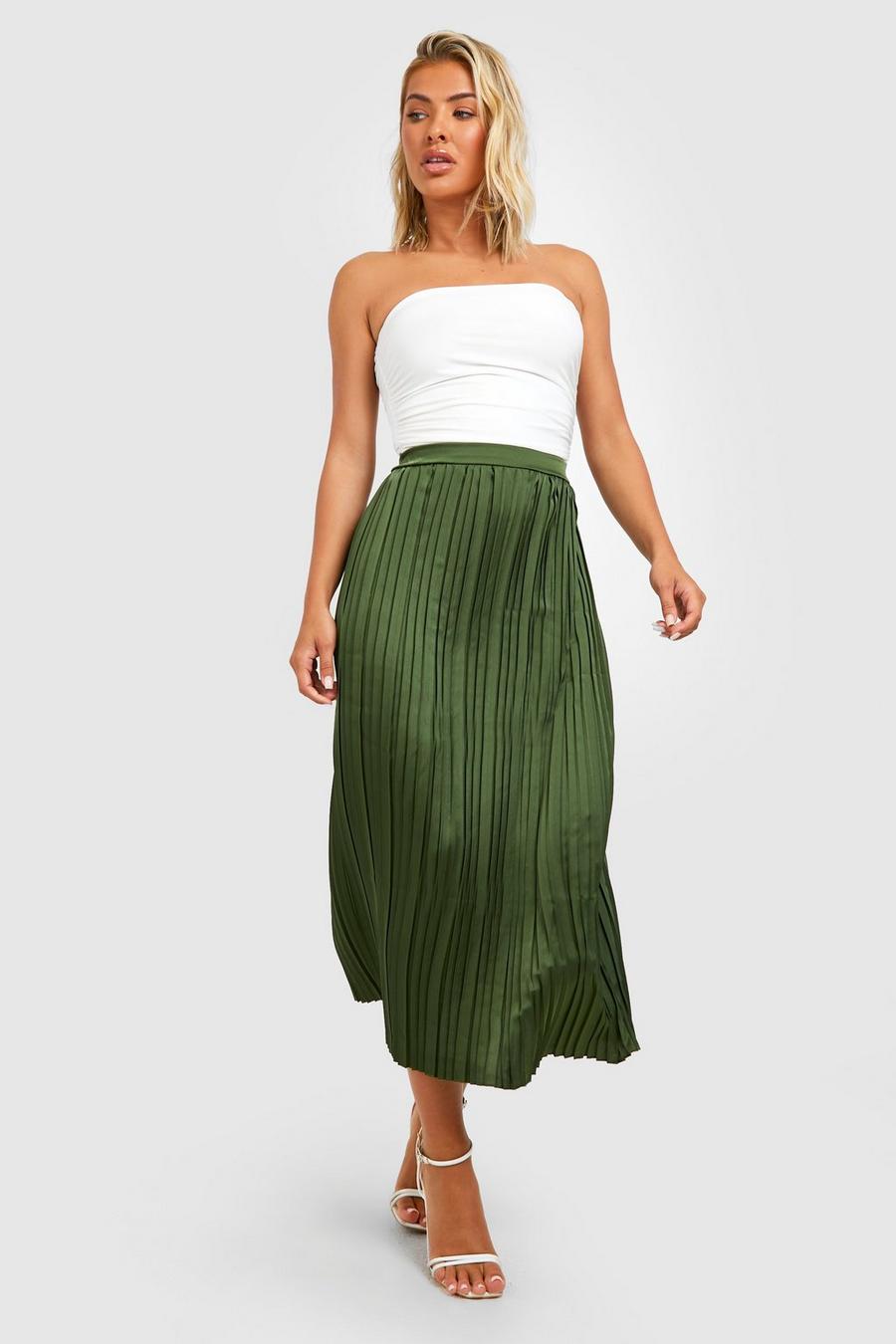 Khaki Pleated Satin Midi Skirt image number 1