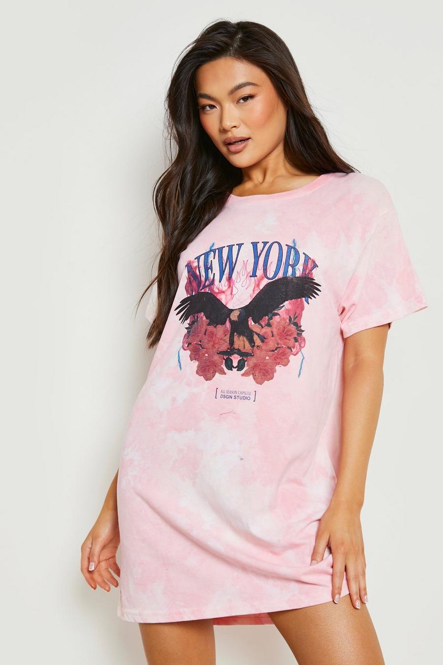 Vestido camiseta oversize con desteñido anudado y estampado gráfico, Pink rosa