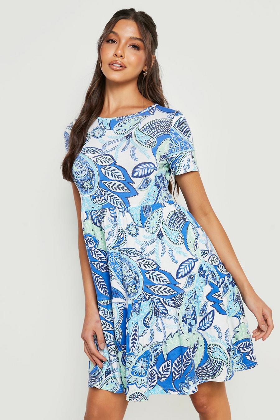 כחול שמלת סמוק מדורגת עם סלסול ודוגמת פייזלי image number 1