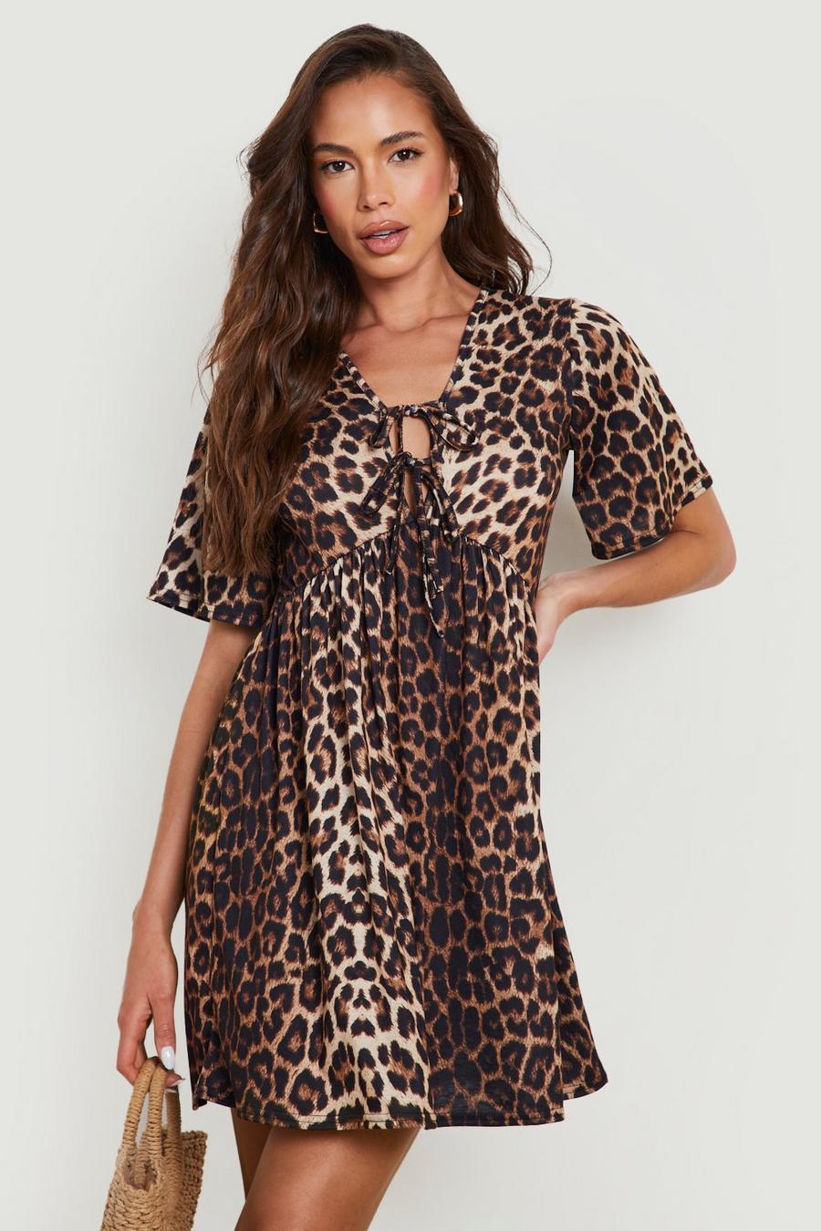 Vestido holgado con atadura frontal y estampado de leopardo, Brown marrone