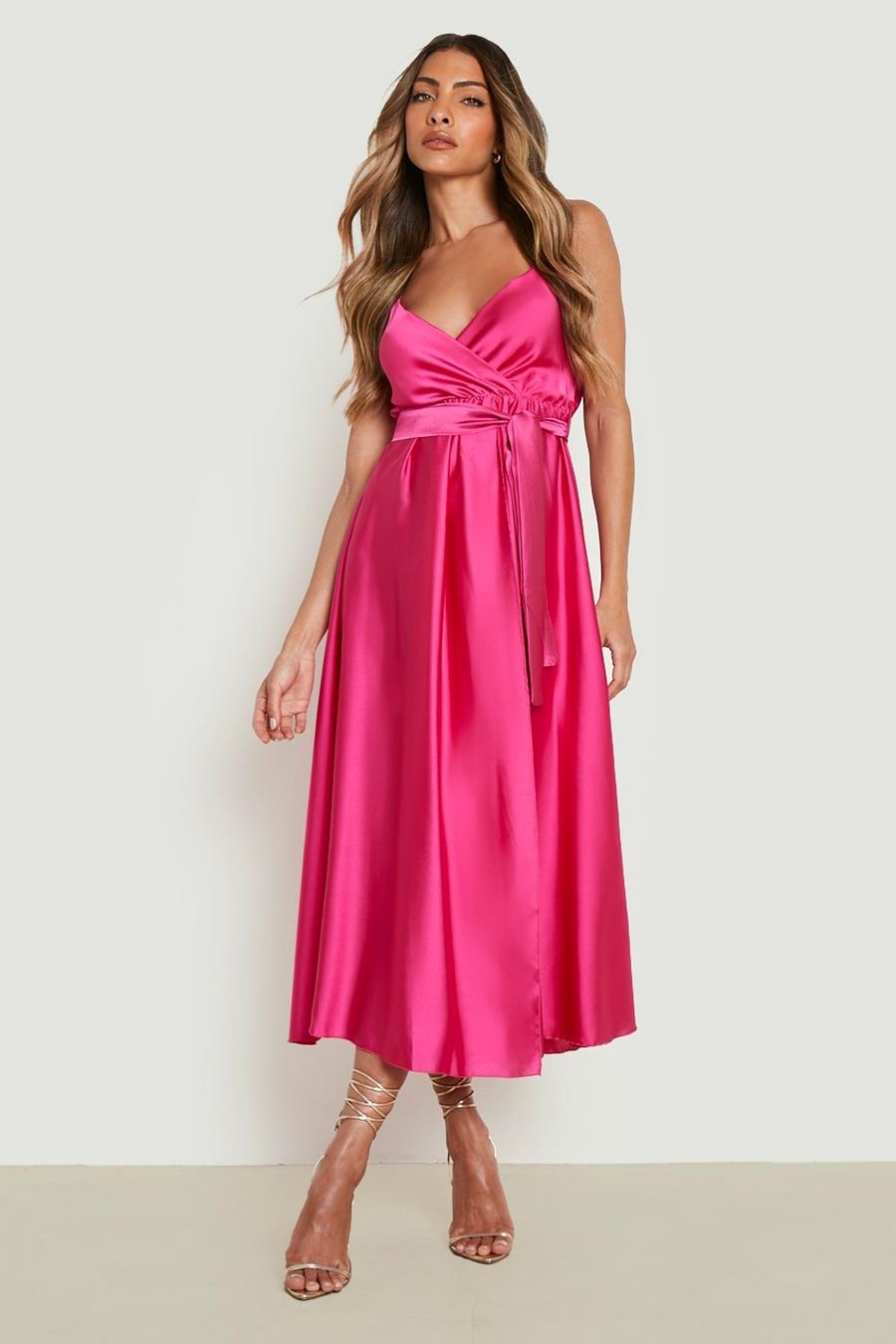 Hot pink Satin Wrap Self Belted Maxi Dress