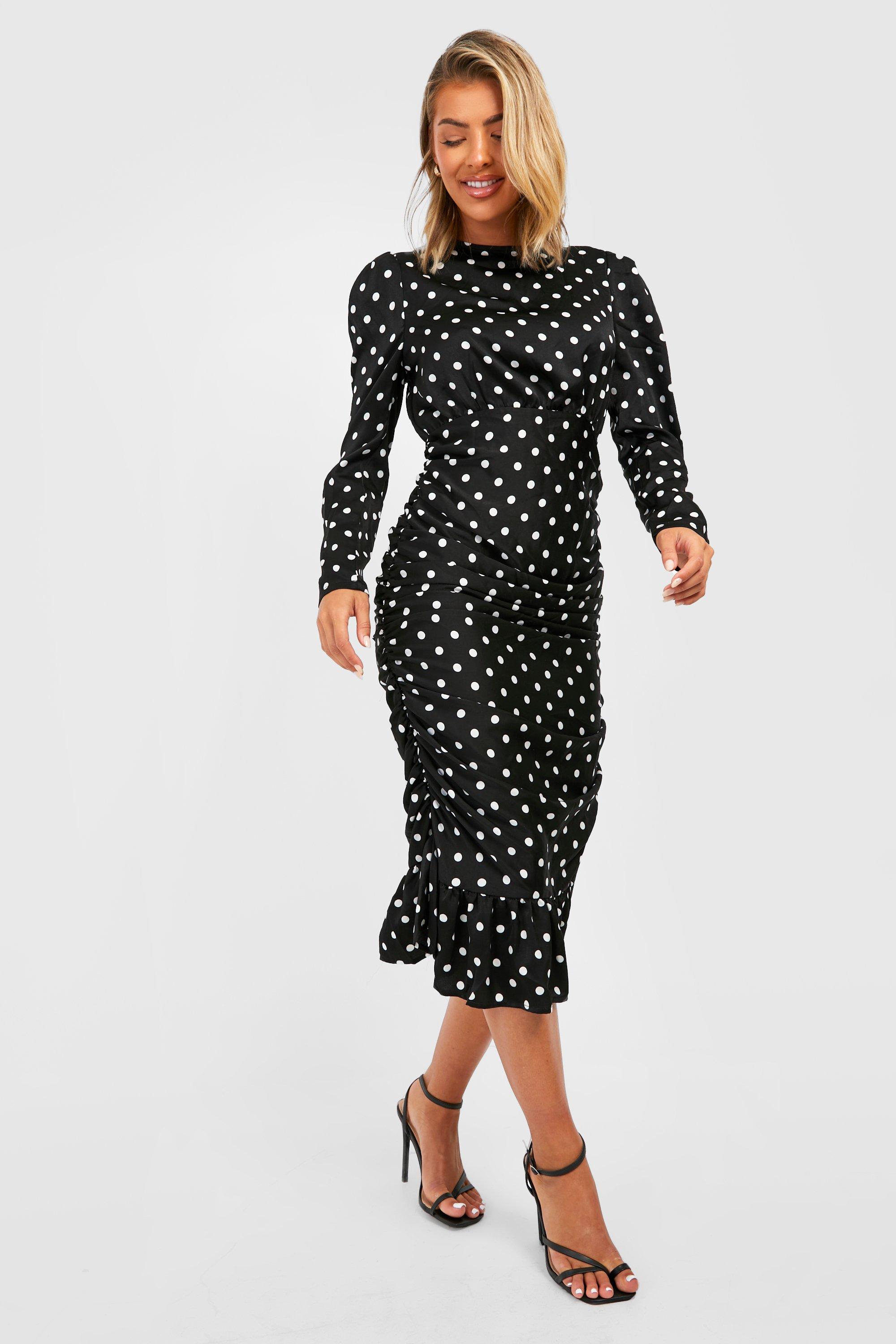 Chocolate polka dot one shoulder clearance ruffle detail pleated midi dress