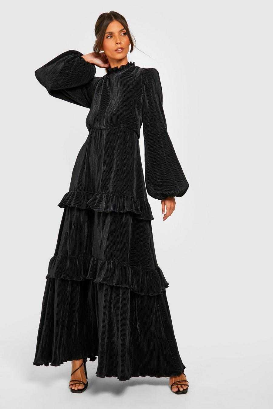 Black Plisse High Neck Tiered Maxi Dress image number 1