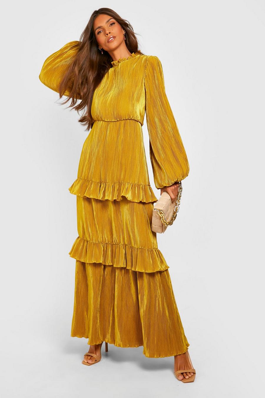 Chartreuse yellow Plisse High Neck Tiered Maxi Dress