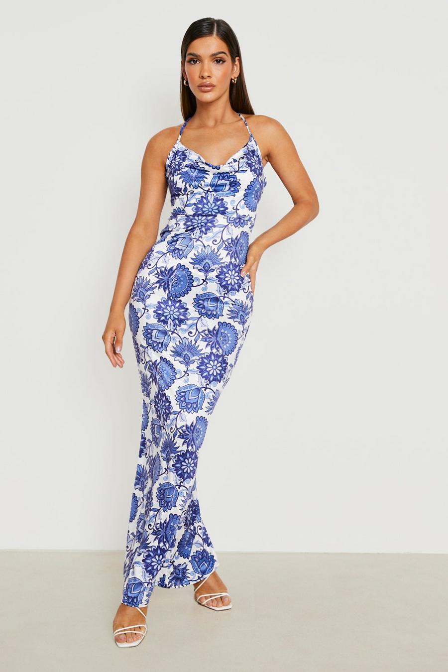 Blue Slinky Cowl Neck Maxi Dress Floral Print image number 1