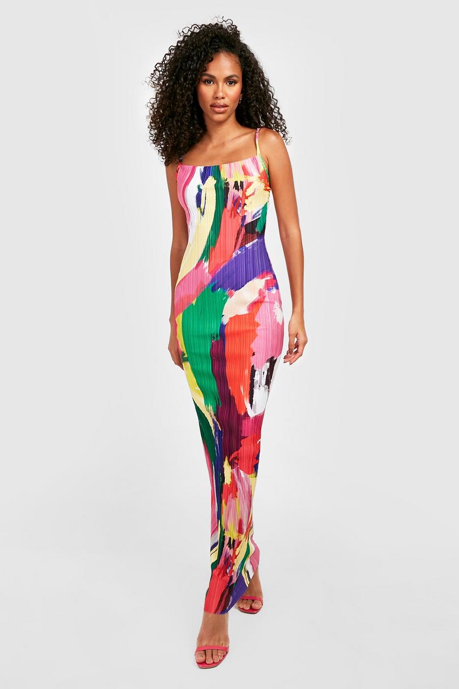 Multi Abstract Plisse Cowl Neck Maxi Dress image number 1