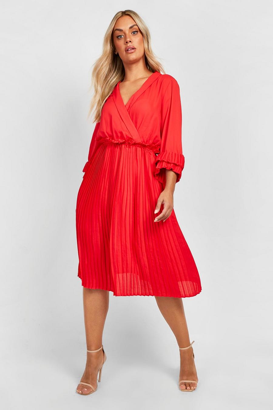 Red Plus Ruffle Detail Pleated Midi Dress image number 1