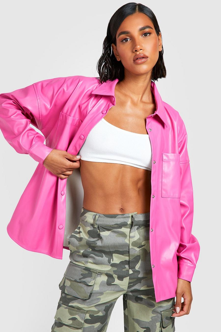 Magenta pink Oversized Cargo Pocket Pu Faux Leather Shirt image number 1