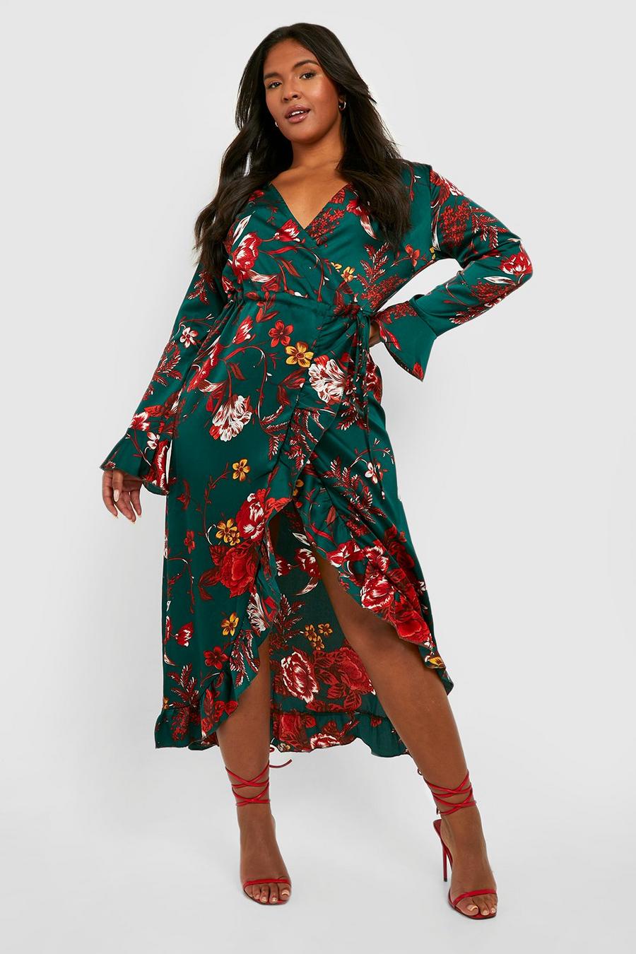 Green Plus Floral Ruffle Wrap Dress  image number 1