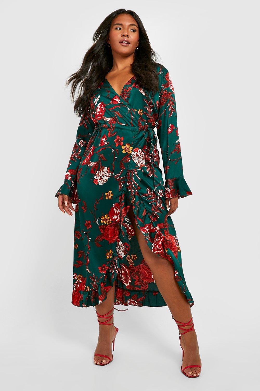 boohoo Plus Floral Ruffle Wrap Dress - Green - Size 24