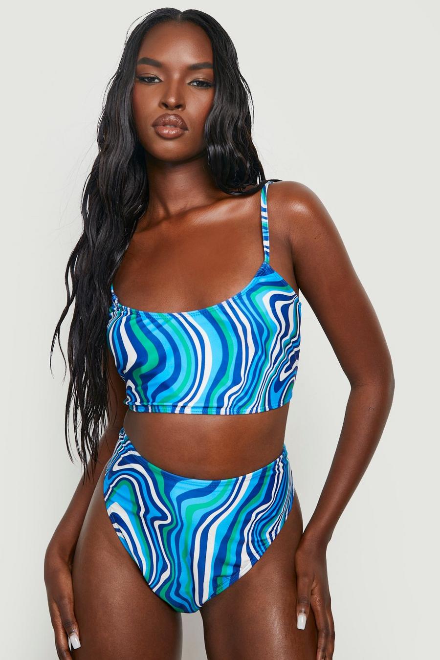 Bikini à imprimé marbre avec bikini taille haute, Blue image number 1