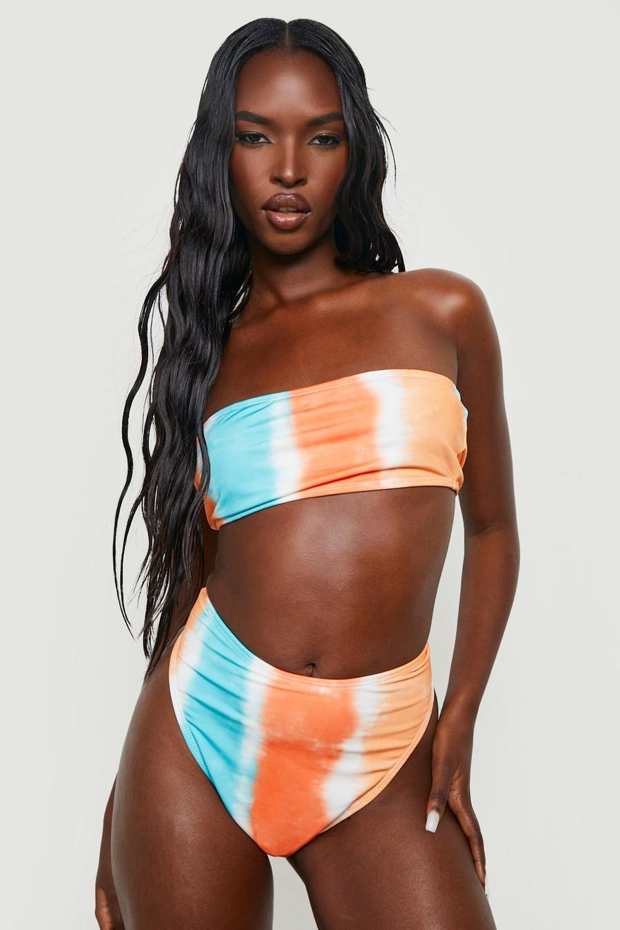 Orange Tie Dye Stripe Bandeau High Waist Bikini Set image number 1