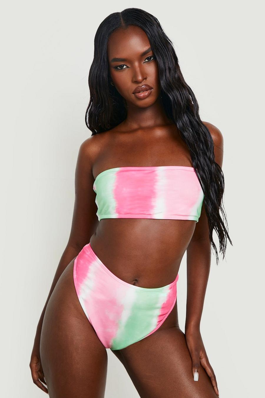 Bikini tie dye avec haut bandeau et bas taille haute, Pink image number 1