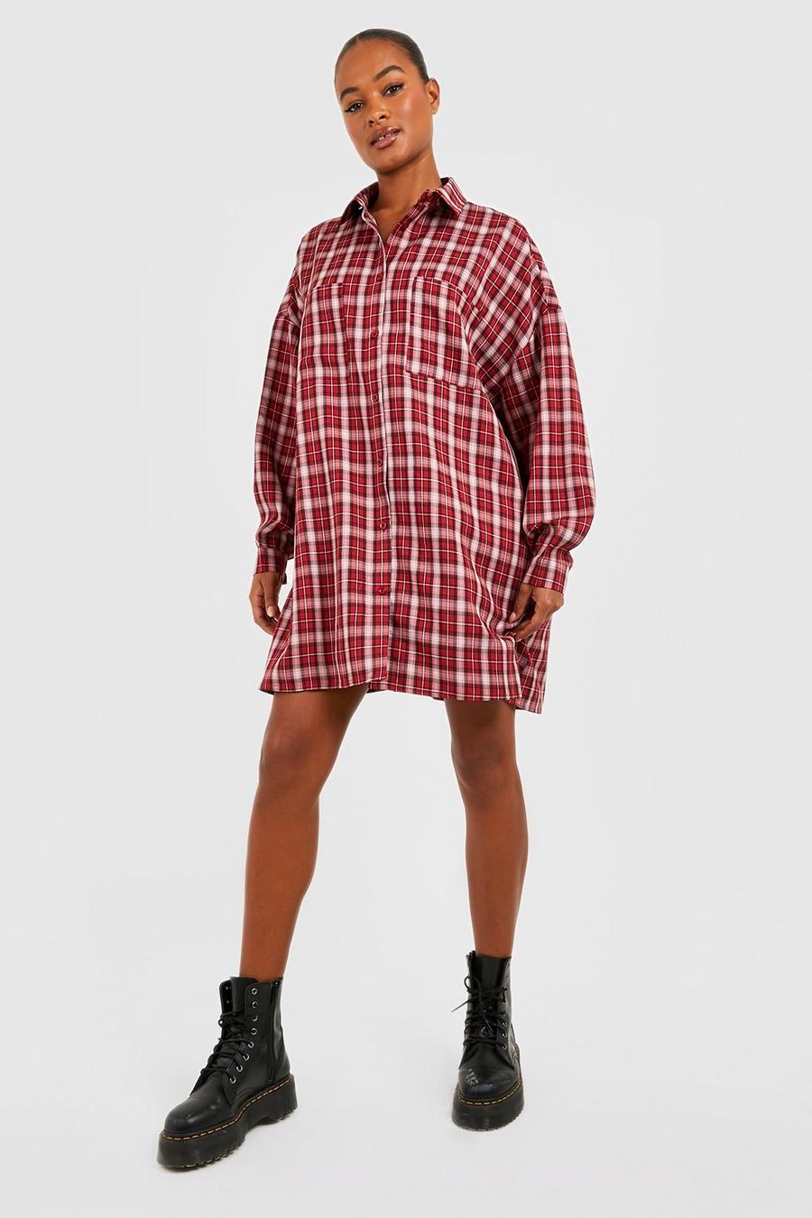 Burgundy Tall Oversized Check Shirt Dress image number 1