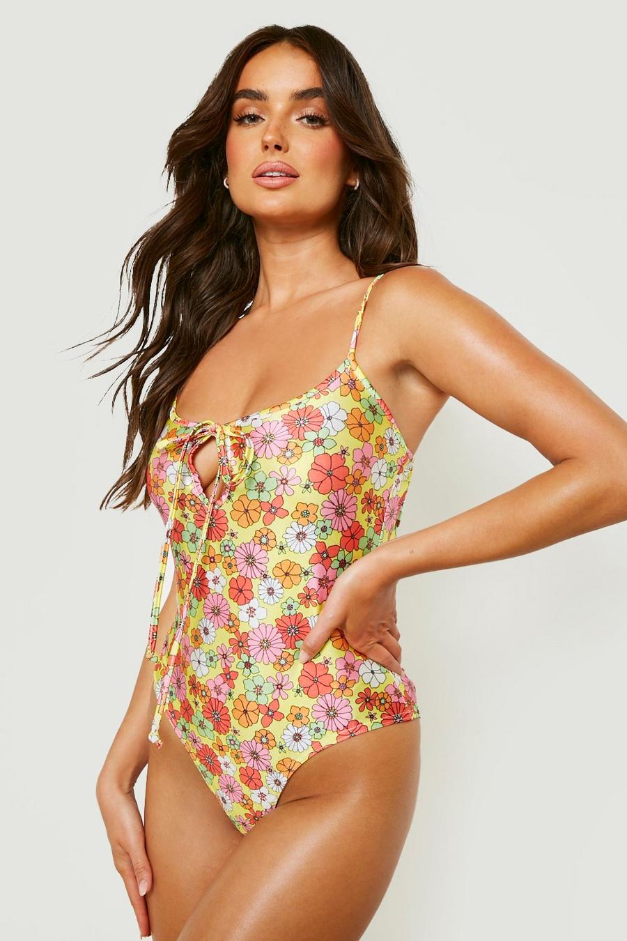 Yellow Bright Floral Strappy Tie Swimsuit image number 1