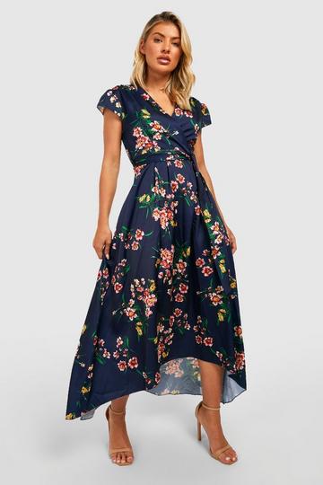 (Ve) Cap Sleeve Tie Waist Floral Midaxi Dress navy