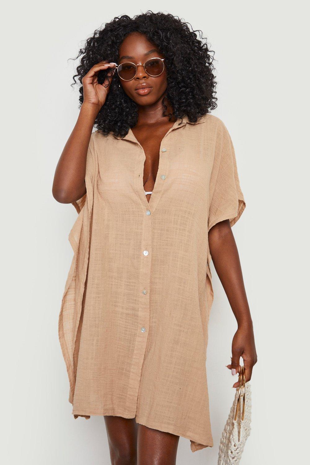 Linen Look Button Front Batwing Beach Kaftan Shirt boohoo AU