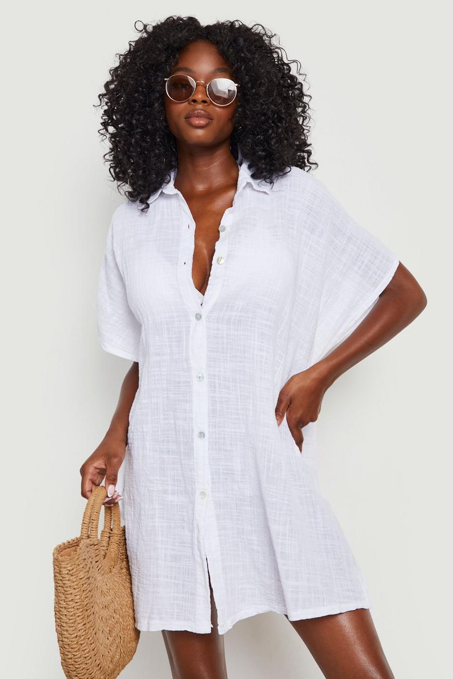 White Linen Look Button Front Batwing Beach Kaftan into Shirt image number 1