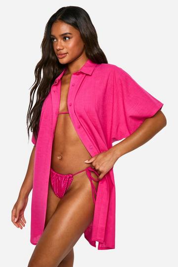 Linen Look Button Front Batwing Beach Kaftan Shirt fuchsia