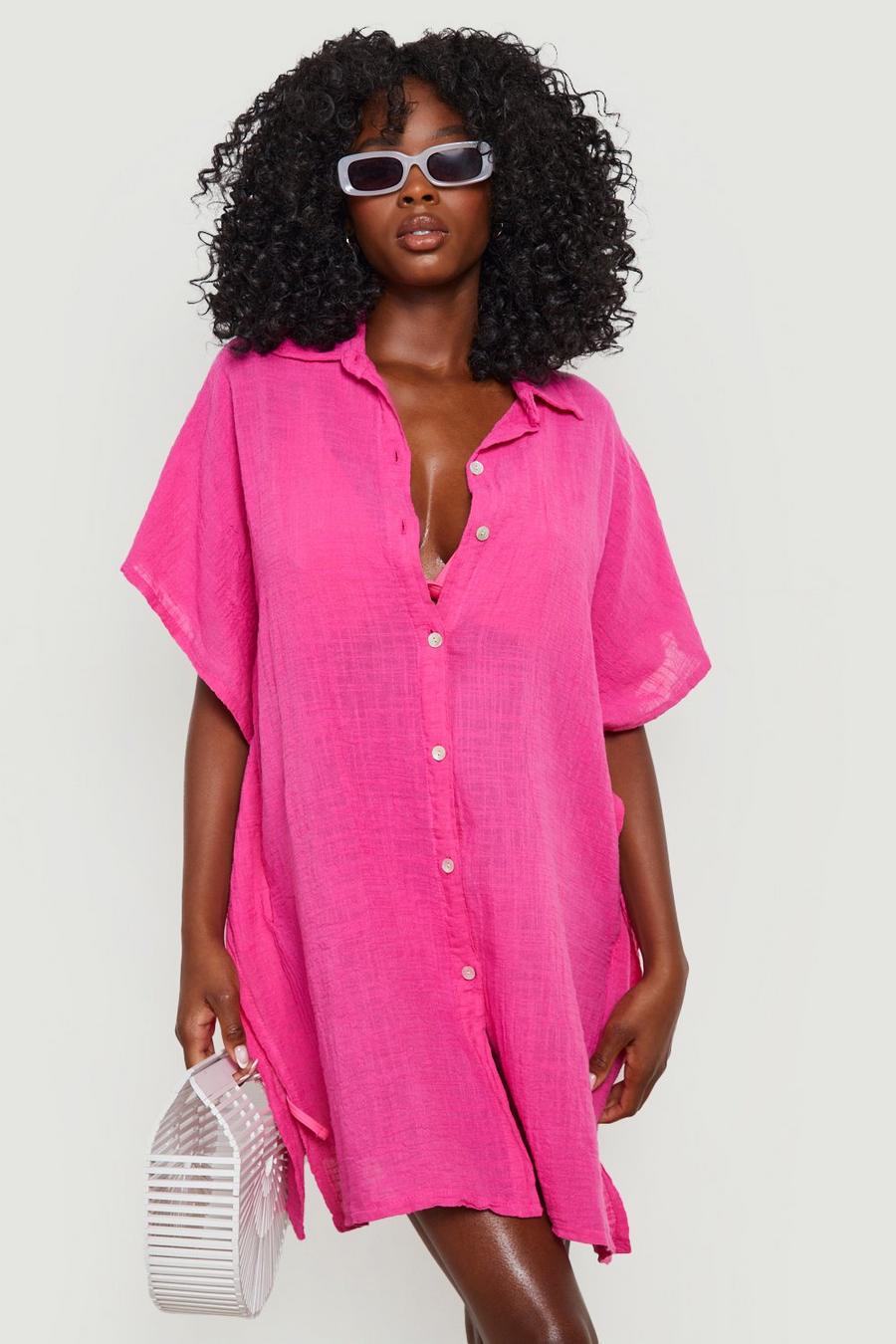 Fuchsia pink Linen Look Button Front Batwing Beach Kaftan Shirt