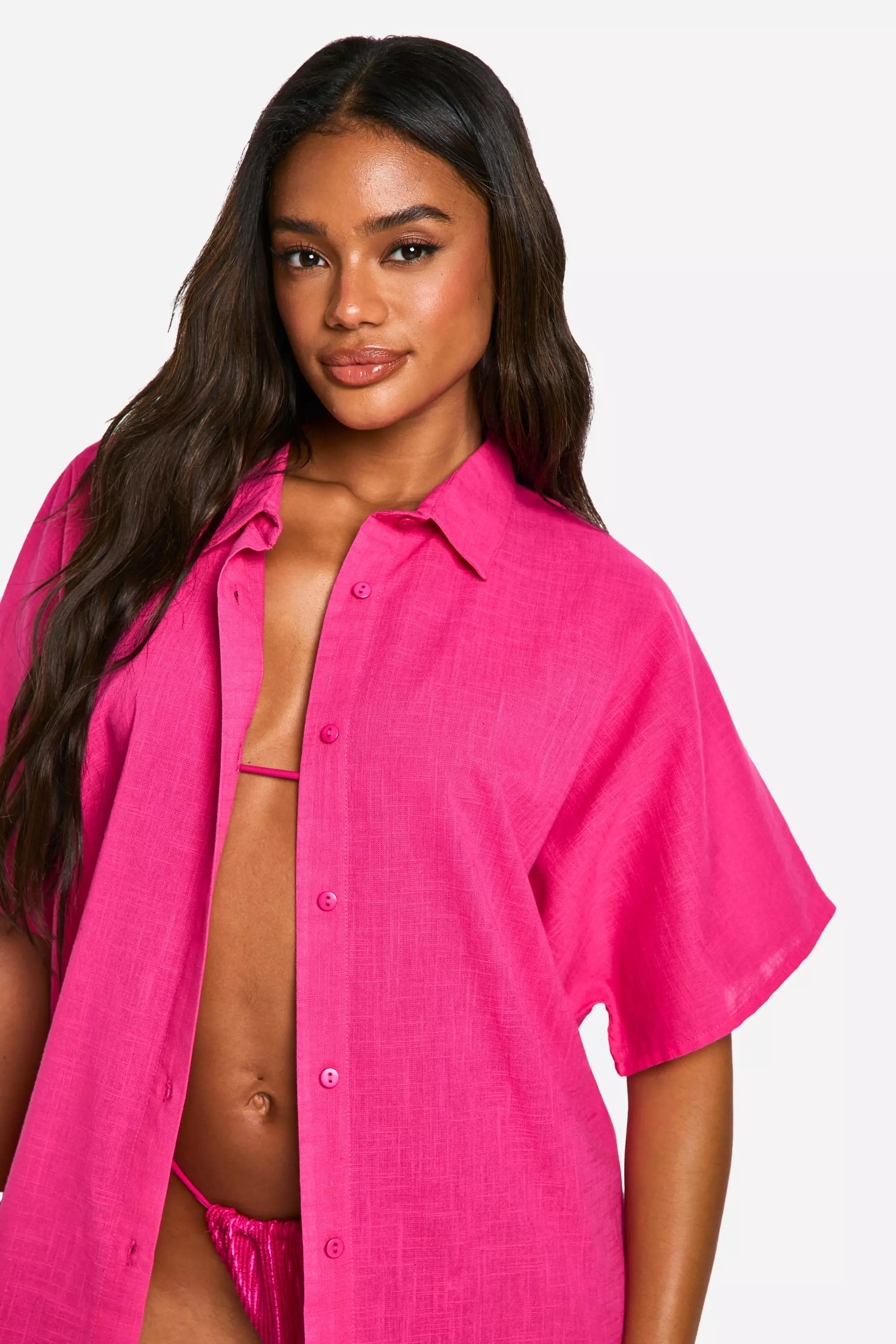 Fuchsia Linen Look Button Front Batwing Beach Kaftan Shirt alternative image