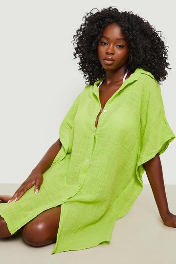 Linen Look Button Front Batwing Beach Kaftan Shirt lime