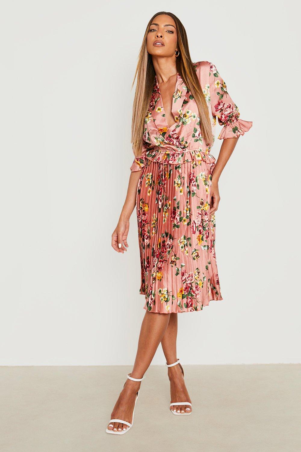 Pink floral clearance pleated midi dress