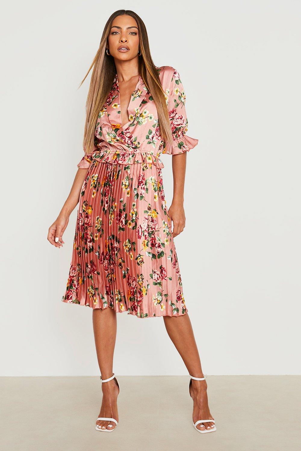 Pleated floral midi dress best sale