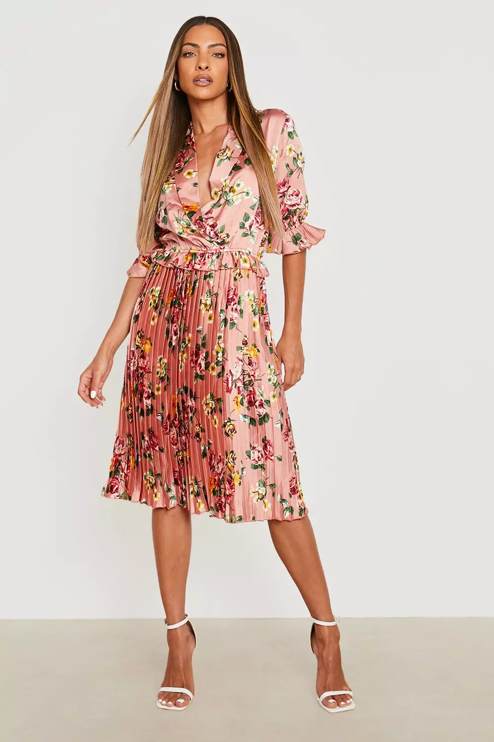 Pink floral pleated midi dress hotsell