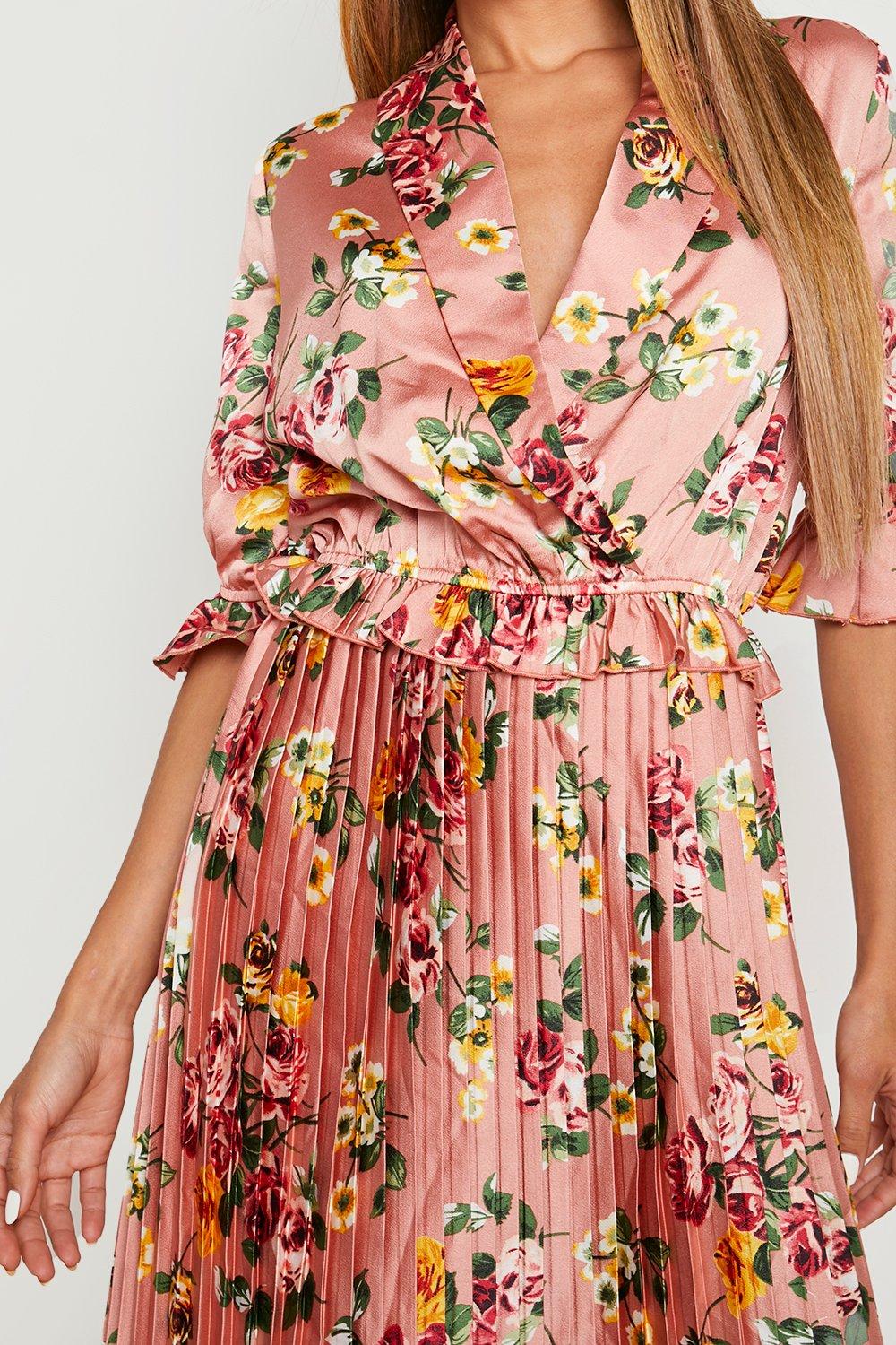 Pink floral pleated store midi dress