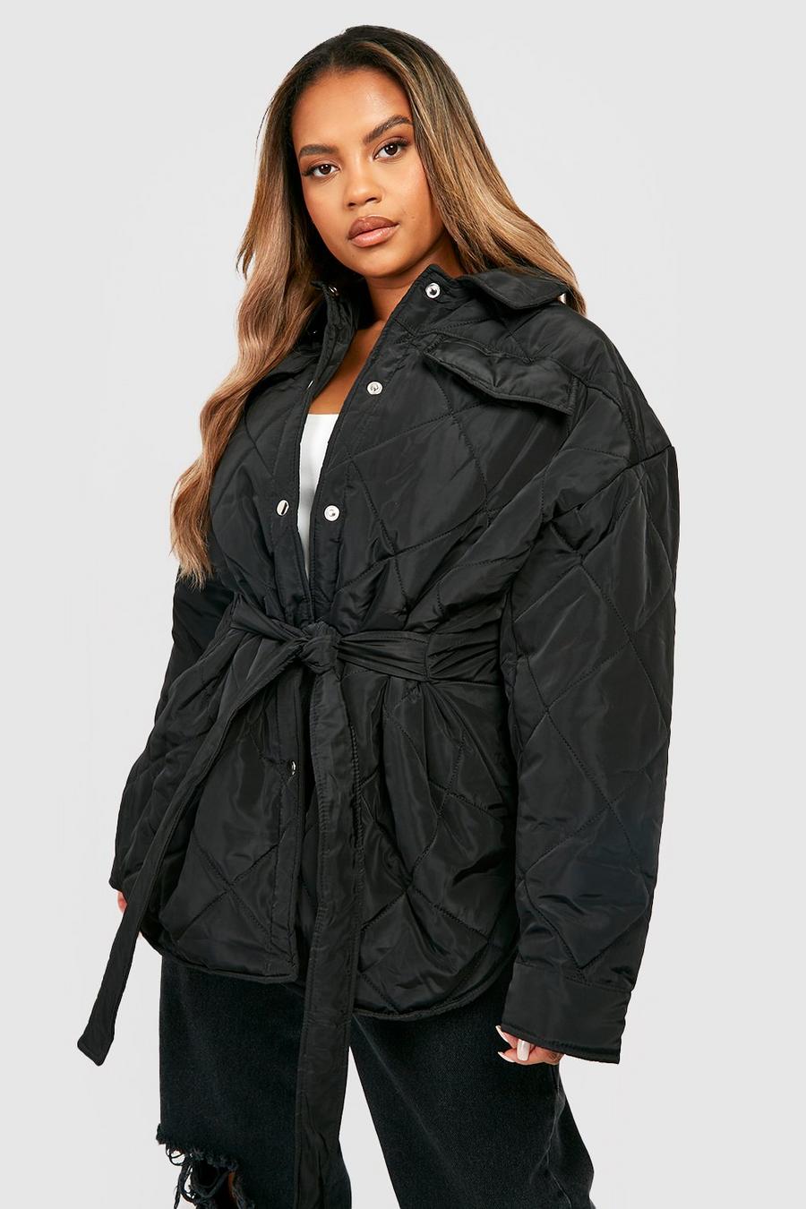 Black Plus Diamond Quilted Belted Shacket image number 1