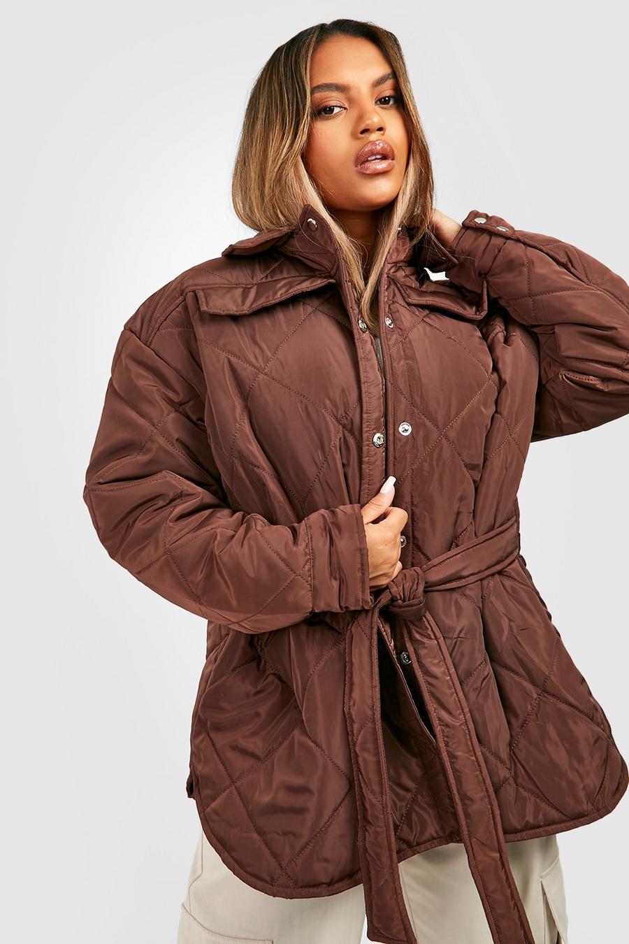 Chocolate brown Plus Diamond Quilted Belted Shacket