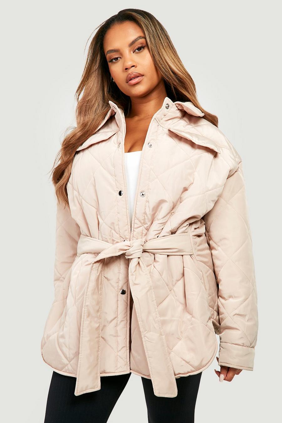 Stone beige Plus Diamond Quilted Belted Shacket