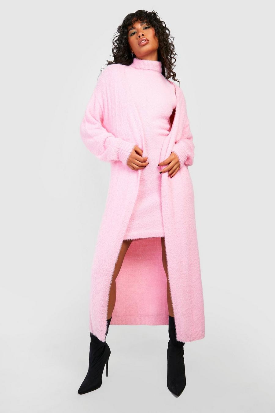 Pink Fluffy Knit Maxi Cardigan