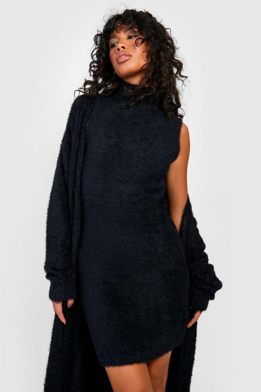 Black Turtleneck Fluffy Knit Mini Dress image number 1