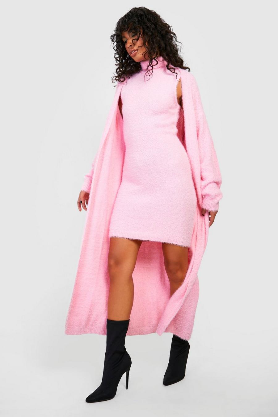 Pink Turtleneck Fluffy Knit Mini Dress
