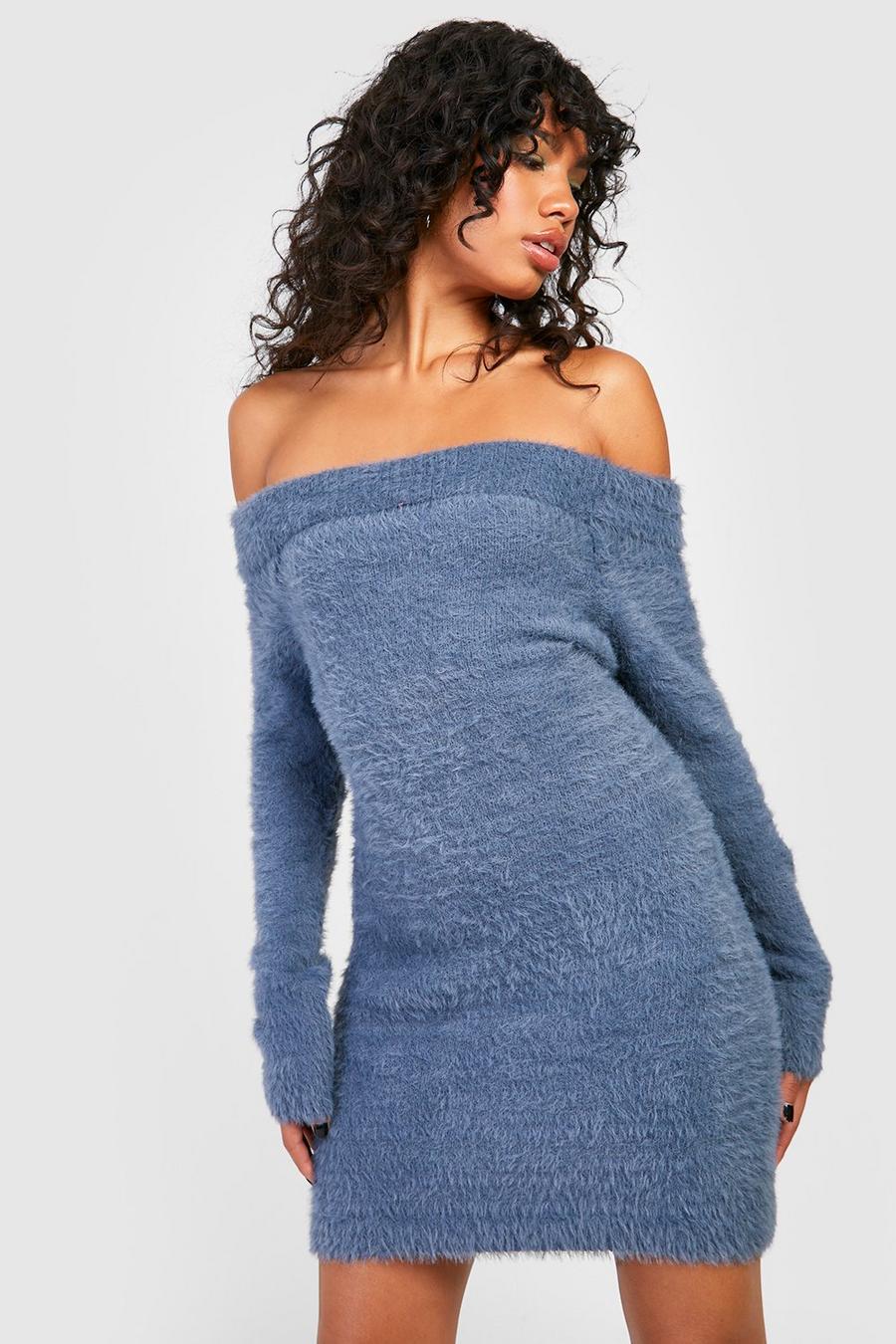 Charcoal Off The Shoulder Fluffy Knitted Mini Dress