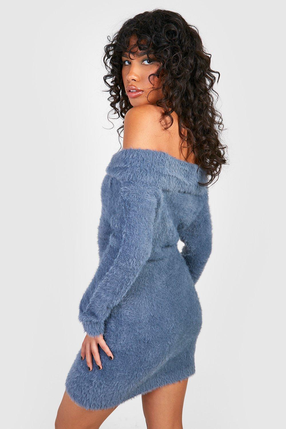 Off The Shoulder Fluffy Knitted Mini Dress