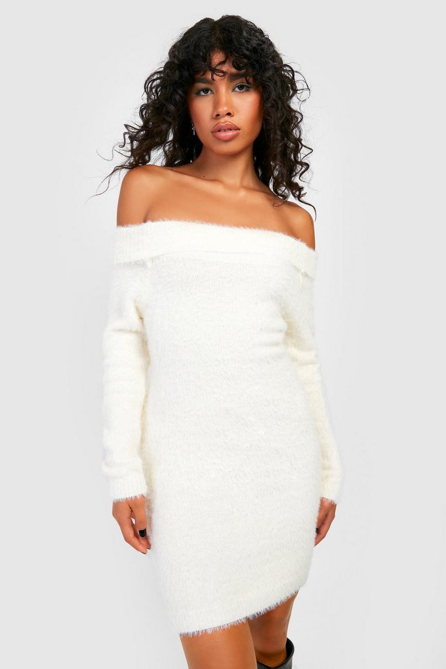 Ecru white Off The Shoulder Fluffy Knitted Mini Dress