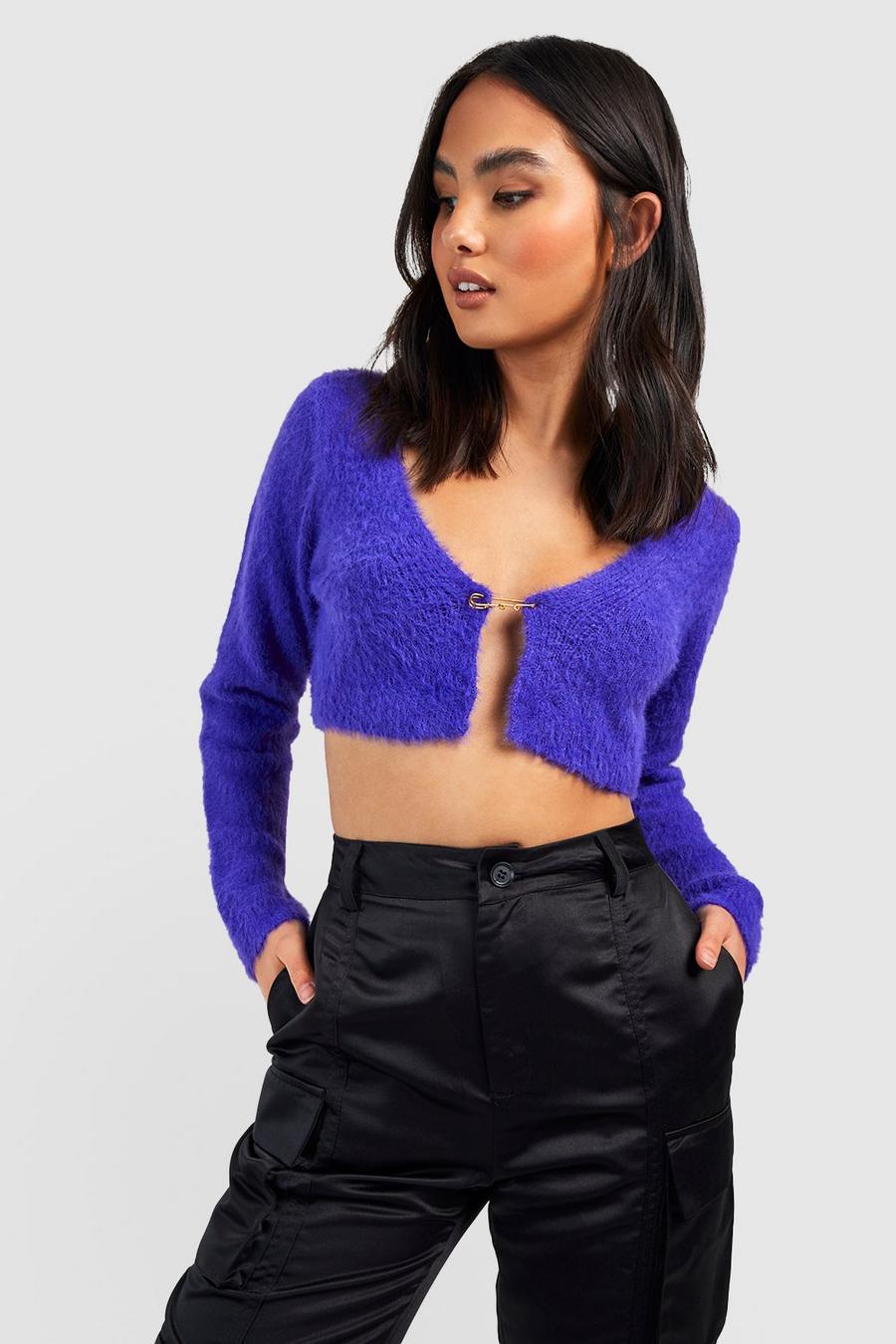 Purple lila Chain Detail Fluffy Knit Crop Cardigan image number 1