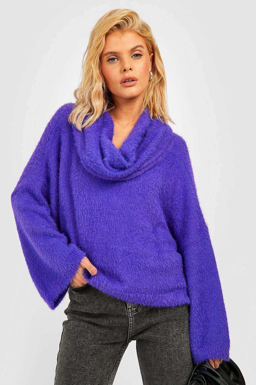 Purple Slouchy Oversized Fluffy Turtleneck Sweater