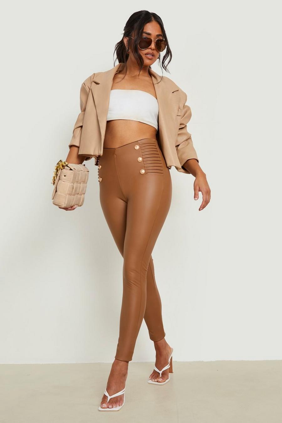 Taupe Petite Military Button Biker Faux Leather Leggings image number 1