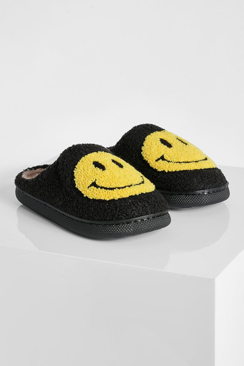 Women s Borg Happy Face Slippers Boohoo UK