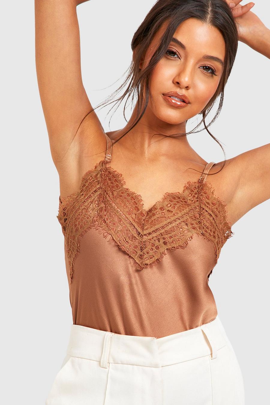 Place in Satin Lace Camisole Tank Top in Mocha