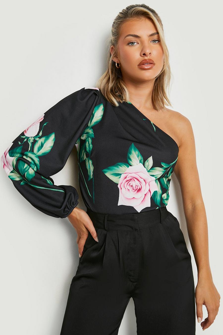 Black Floral One Shoulder Volume Sleeve Bodysuit