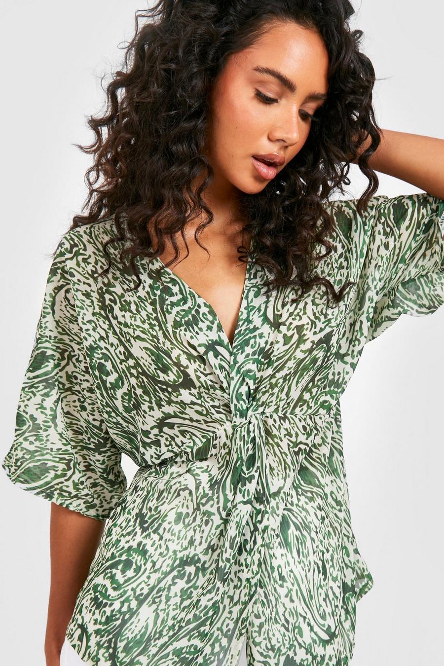 Green Mix Animal Print Twist Front Blouse image number 1