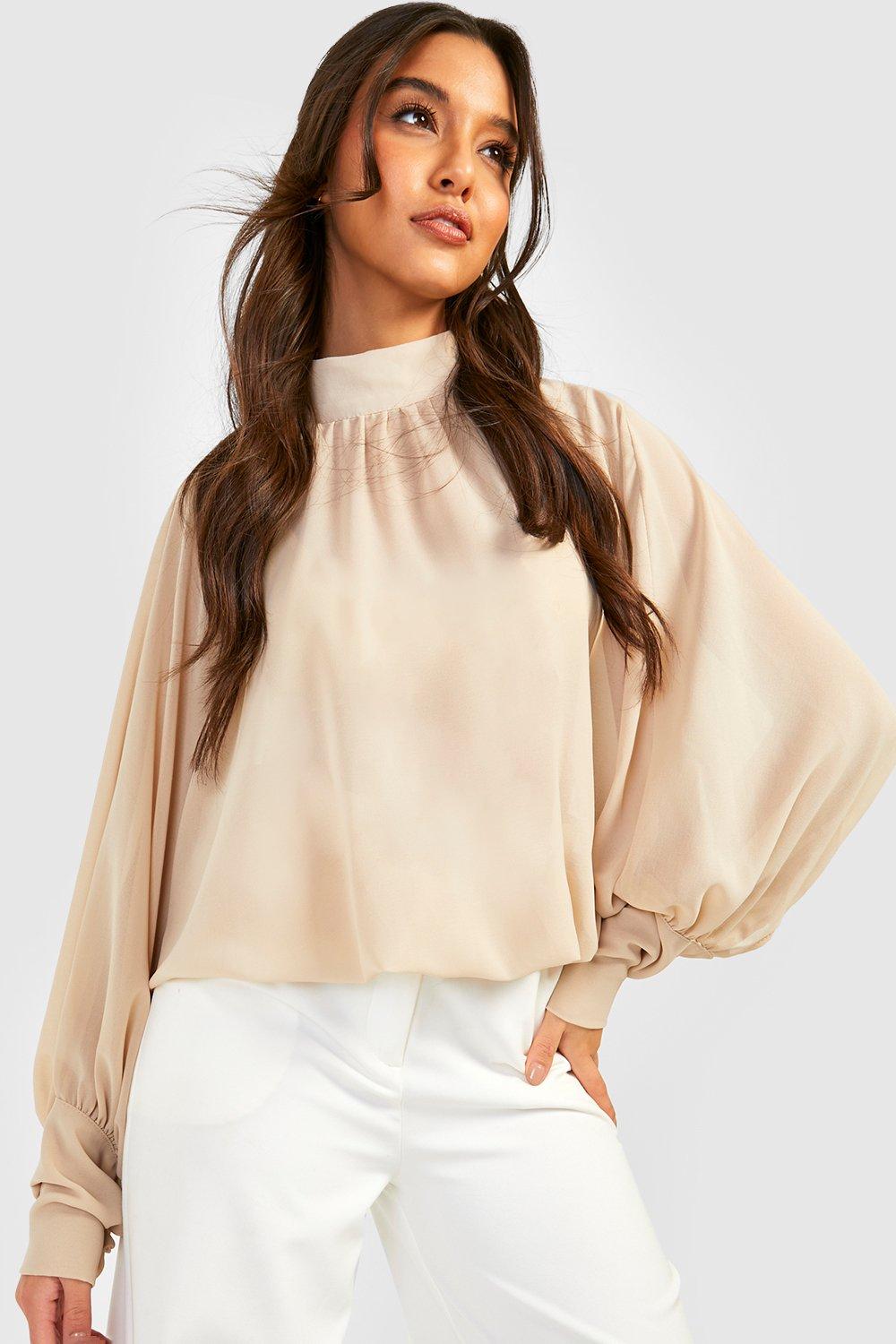 High Neck Deep Cuff Chiffon Blouse