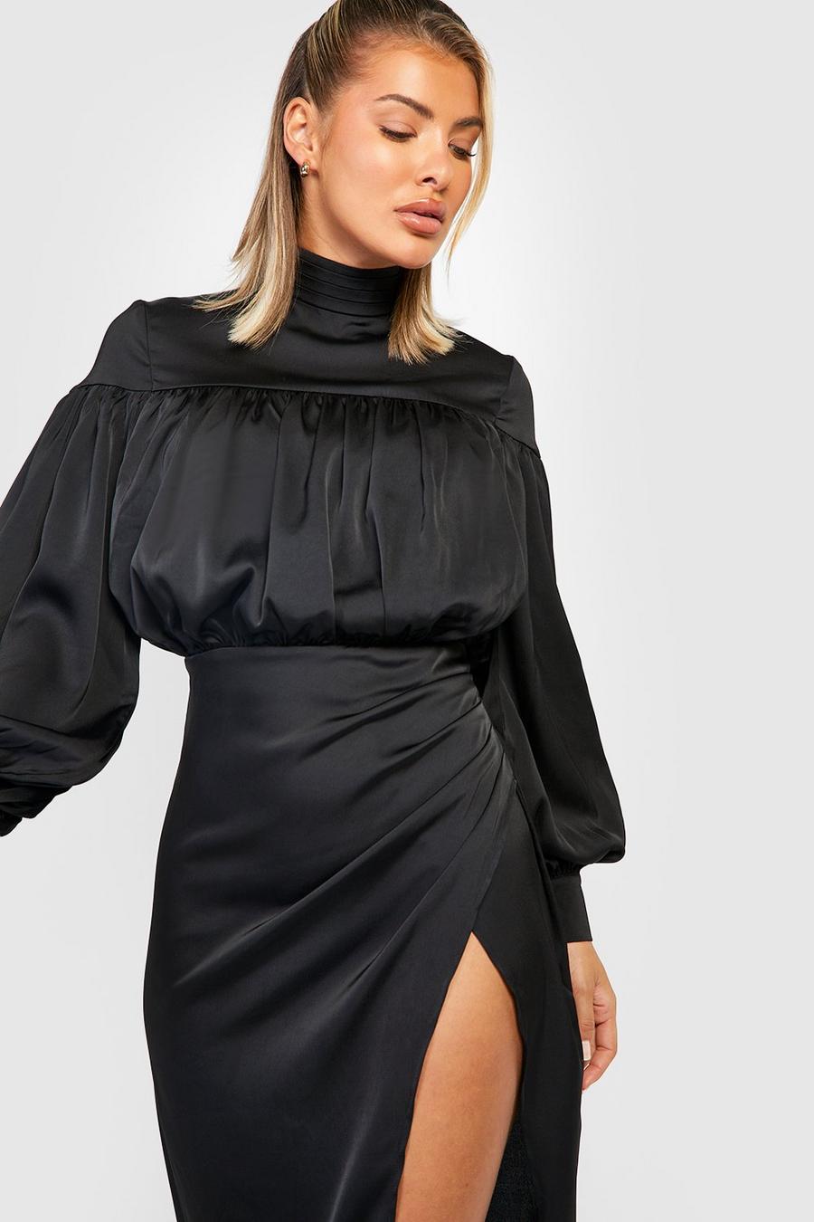 Black Satin High Neck Wrap Midi Dress image number 1