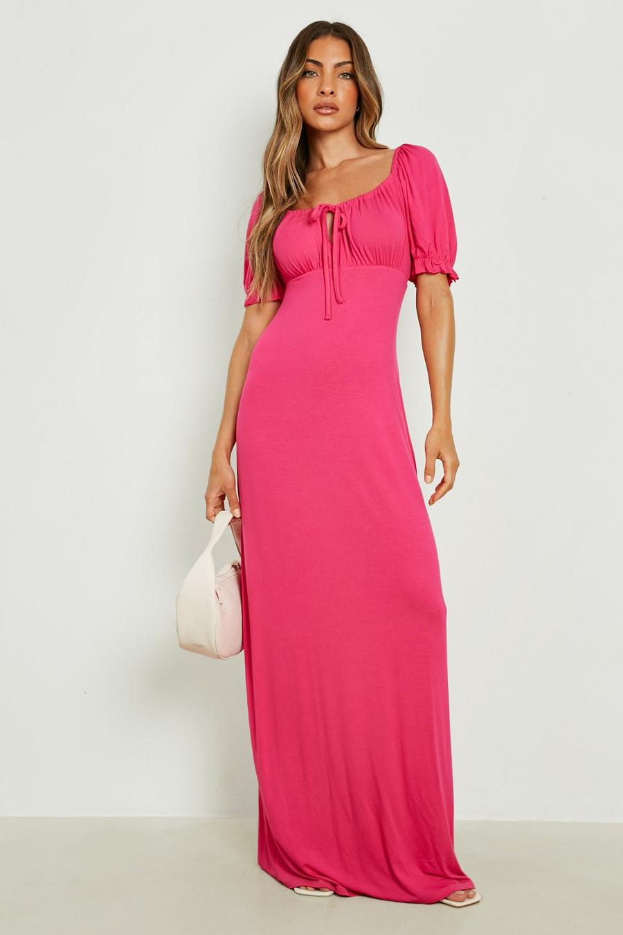 Hot pink Puff Sleeve Tie Detail Maxi Dress image number 1